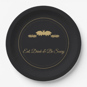 Eat, Drink & Be Scary Gold Bats Halloween Paper Plate