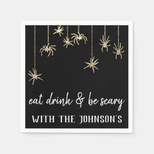 Eat Drink Be Scary Gold Hanging Spiders Halloween Napkin