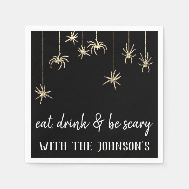 Eat Drink Be Scary Gold Hanging Spiders Halloween Napkin (Front)