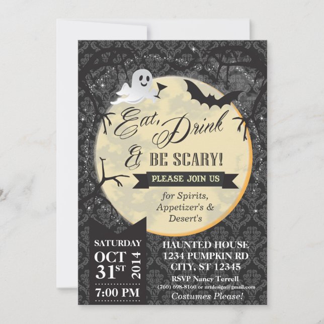 Eat, Drink & Be Scary Halloween Invite - Black (Front)
