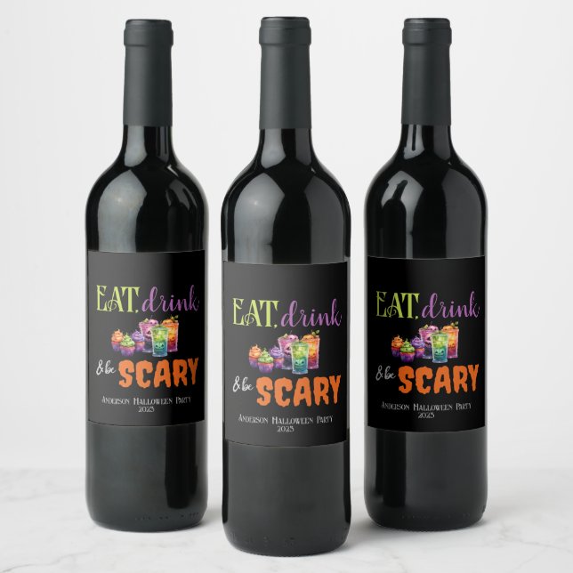 Eat, Drink & Be Scary Halloween Party Neon Retro Wine Label (Bottles)