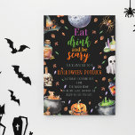 Eat Drink & Be Scary Halloween Potluck Party  Invitation<br><div class="desc">Eat Drink & Be Scary Halloween Potluck Party Invitation. Modern Halloween-themed design for a spooktacular party! This invitation features a spider, a ghost, a wizard hat, a pumpkin, magic potions, a moon, skull with a candle, and a two witch's potion cauldron. A gender-neutral design, perfect for October celebrations! This halloween...</div>