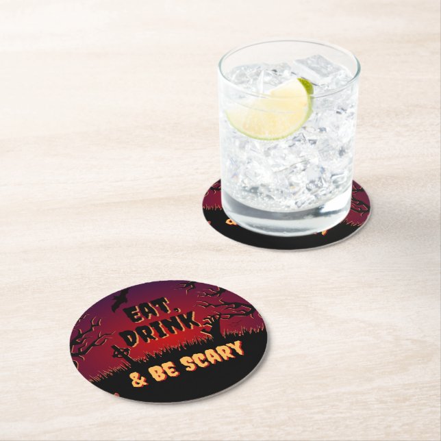 Eat, Drink & Be Scary Halloween Round Paper Coaster (Insitu)