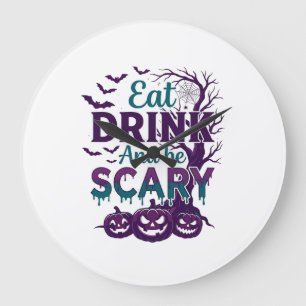 Eat Drink Be Scary Halloween Spooky Tree Pumpkins_ Large Clock