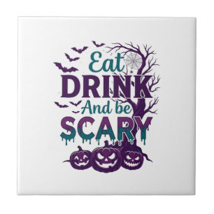 Eat Drink Be Scary Halloween Spooky Tree Pumpkins_ Tile