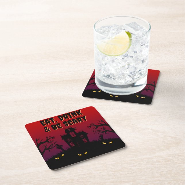 Eat, Drink & Be Scary Halloween Square Paper Coaster (Insitu)