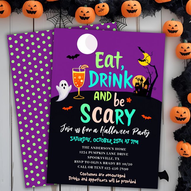 Eat Drink & Be Scary Retro Colours Halloween Party Invitation (Eat Drink & Be Scary Retro Colors Halloween Party Invitation)