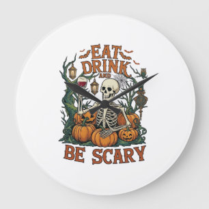 Eat Drink Be Scary Skeleton Halloween Pumpkins_1 Large Clock
