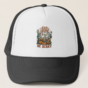 Eat Drink Be Scary Skeleton Halloween Pumpkins_1 Trucker Hat