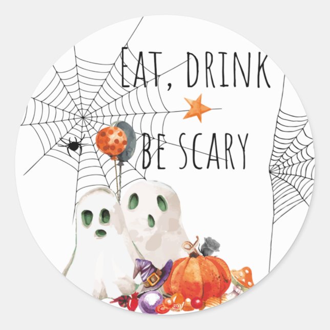 Eat, Drink Be Scary Watercolor Ghosts Classic Round Sticker (Front)
