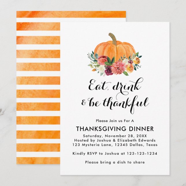 Eat Drink & Be Thankful Thanksgiving Dinner Invitation (Front/Back)