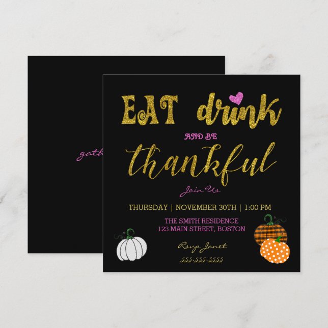 Eat Drink & Be Thankful Thanksgiving Dinner Party Invitation (Front/Back)