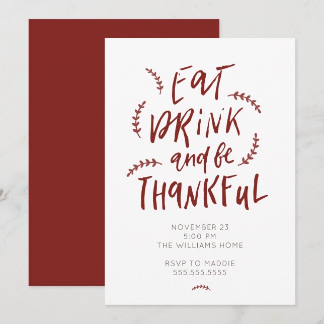 Eat Drink Be Thankful Thanksgiving Friendsgiving Invitation (Front/Back)