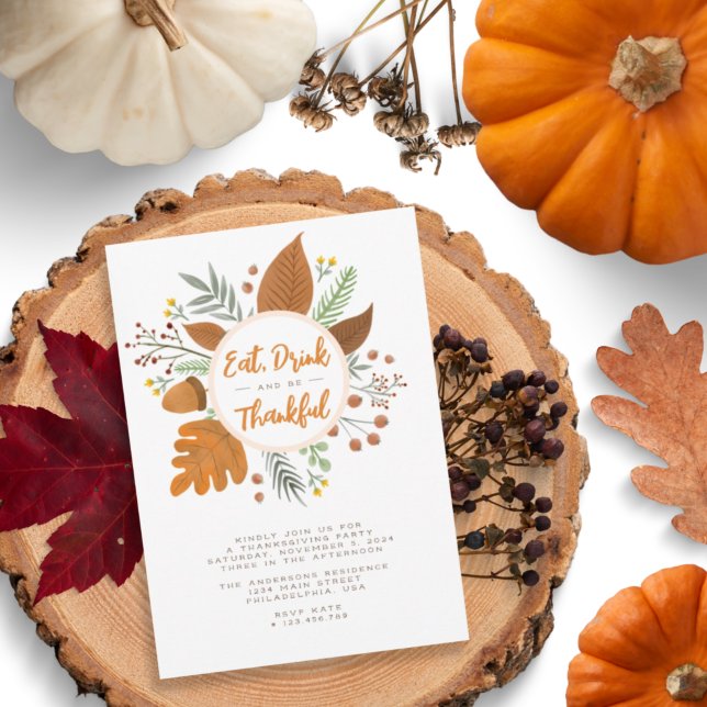 Eat Drink & be Thankful Thanksgiving Wreath Party Invitation (Creator Uploaded)