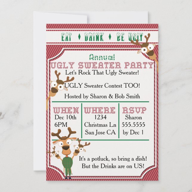 EAT DRINK BE UGLY Red UGLY Sweater Christmas Party Invitation (Front)