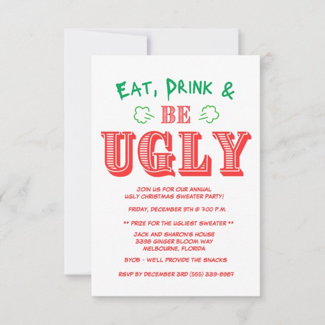 Eat, Drink & be Ugly Sweater Christmas Party Invitation (Front)