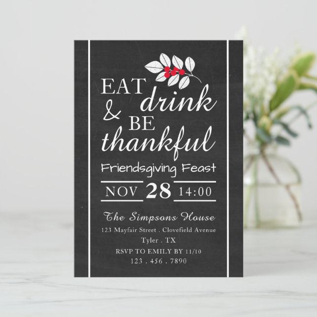 Eat Drink, Chalkboard Thanksgiving Feast Invitation (Standing Front)
