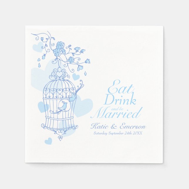 Eat drink custom blue birds cage wedding napkins (Front)