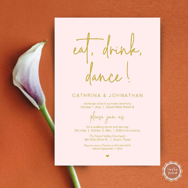 Eat, Drink, Dance, Elegant Gold Blush Elopement Invitation (Eat, Drink, Dance Elegant Wedding Elopement Dinner Invitation Card in Blush and Gold)