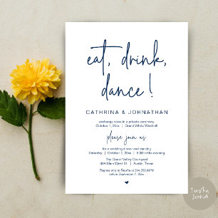 Eat, Drink, Dance, Elegant Navy Blue Elopement Invitation