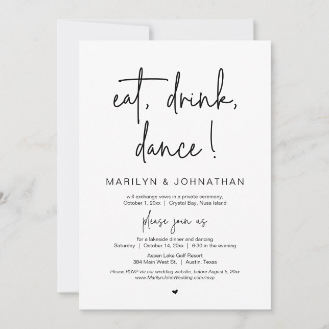 Eat, Drink, Dance, Wedding Elopement Dinner Party  Invitation (Front)