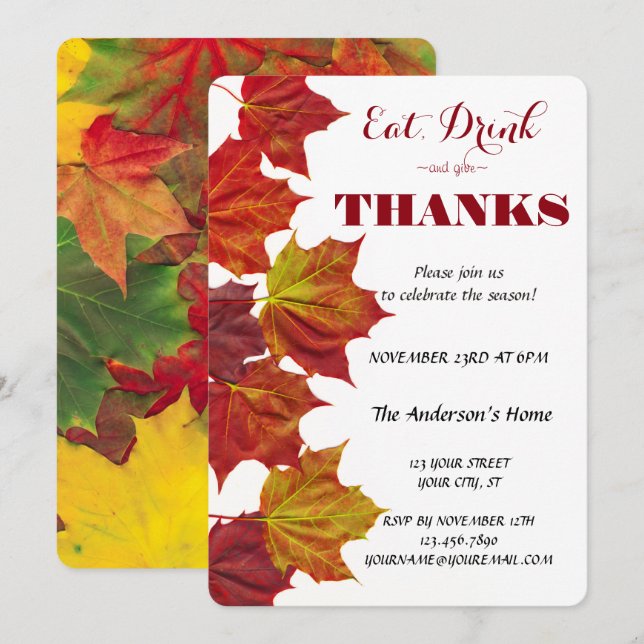 Eat Drink & Give Thanks Fall Leaves Celebration Invitation (Front/Back)