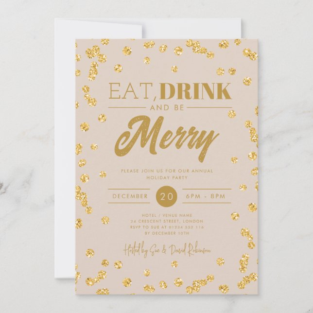 Eat Drink Gold Champagne Glitter Holiday Xmas  Invitation (Front)