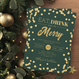 Eat Drink Gold Green Glitter Holiday Xmas  Invitation