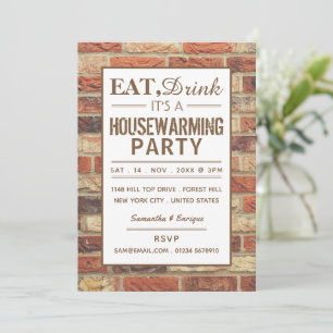 Eat, Drink Housewarming Party Rustic Brick Invite