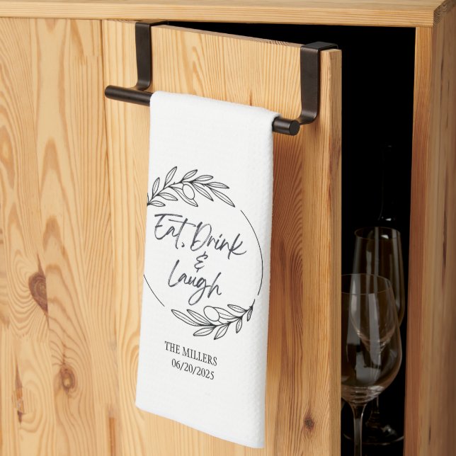 Eat, Drink & Laugh Custom Name Kitchen Towel (Thirds Fold)
