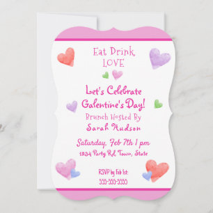 EAT DRINK LOVE Galentines Fun Watercolor Hearts Invitation