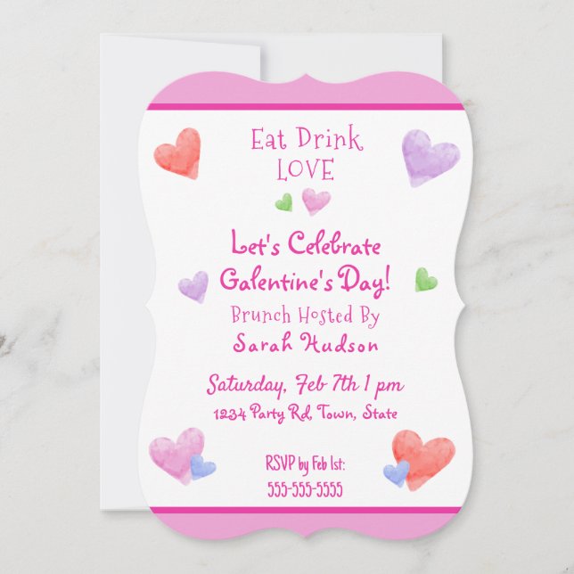 EAT DRINK LOVE Galentines Fun Watercolor Hearts Invitation (Front)