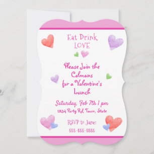EAT DRINK LOVE Valentines Fun Watercolor Hearts Invitation
