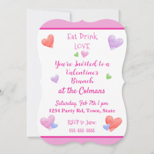 EAT DRINK LOVE Valentines Watercolor Hearts Invitation