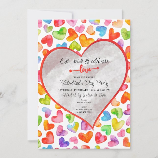 Eat Drink & Love Watercolor Hearts Valentine Party Invitation (Front)