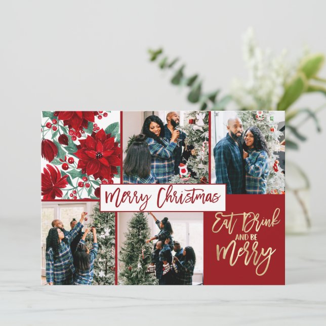 Eat Drink Merry Christmas Poinsettia Floral Photo Holiday Card (Standing Front)