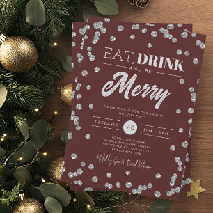 Eat Drink Merry Silver Burgundy Glitter Holiday Invitation
