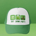 Eat Drink Party Funny St. Patrick's Day Trucker Hat<br><div class="desc">A cool St. Patrick's day cap featuring the words Eat Drink and Party next to the symbol for eating,  a mug of green beer,  and a St. Paddy's day leprechaun hat.</div>