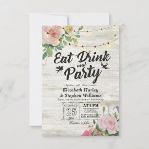 EAT Drink Party Rustic Floral String Light Wedding Invitation