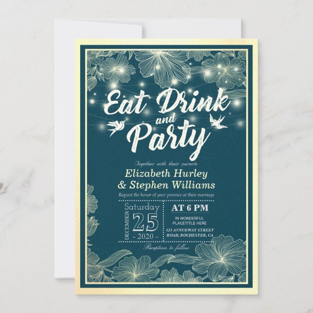 EAT Drink & Party Wedding Blue Gold Flowers Lights Invitation (Front)