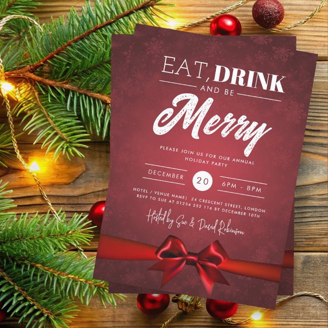 Eat, Drink Red Winter Wonderland Holiday Bow Invitation (Creator Uploaded)