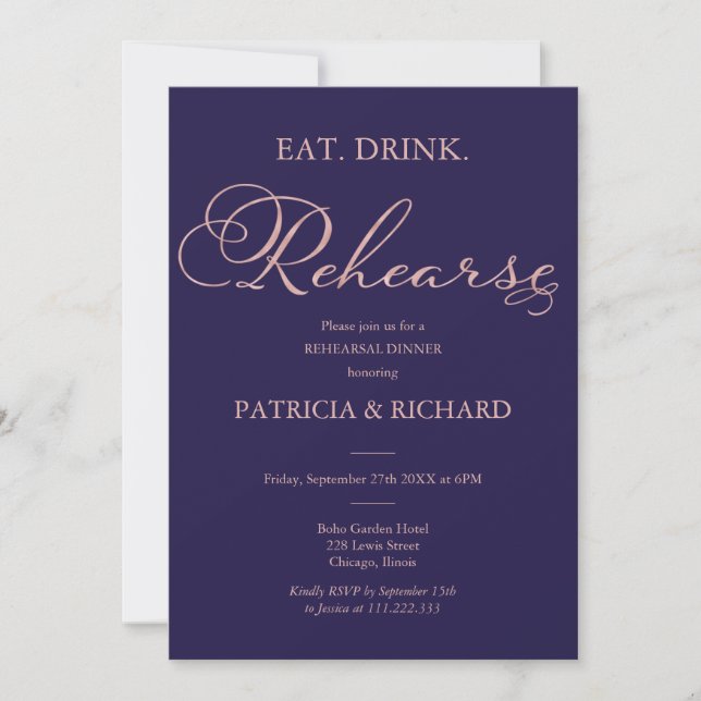Eat Drink Rehearse Blue Wedding Rehearsal Dinner Invitation (Front)