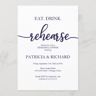Eat Drink Rehearse Blue White Rehearsal Dinner Invitation