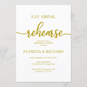 Eat Drink Rehearse Gold Elegant Rehearsal Dinner Invitation