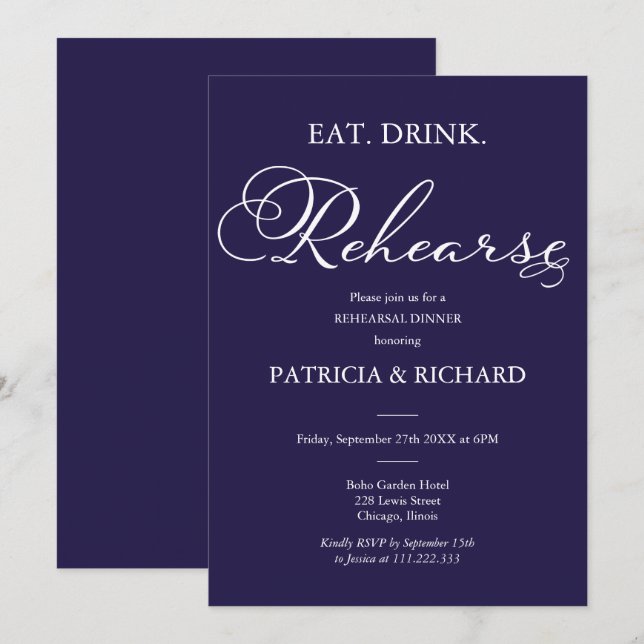 Eat Drink Rehearse Navy Blue Rehearsal Dinner Invitation (Front/Back)