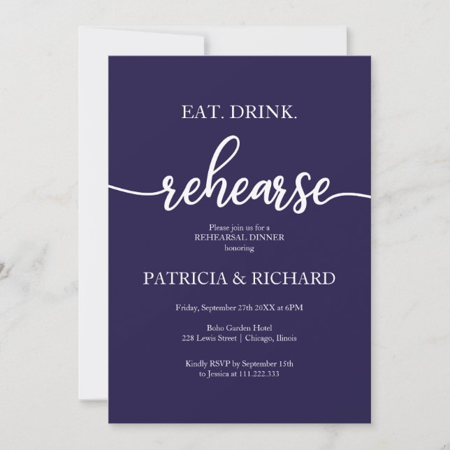 Eat Drink Rehearse Navy Blue Rehearsal Dinner Invitation (Front)