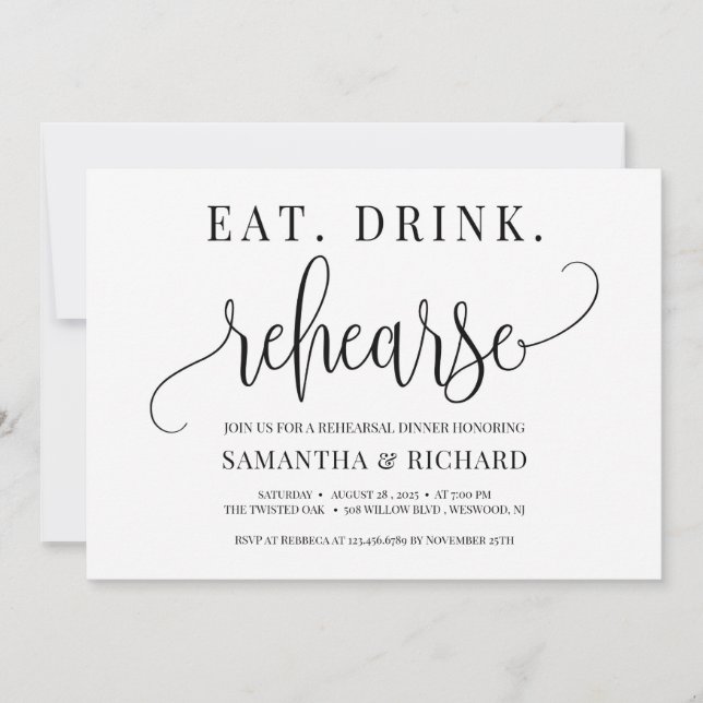Eat drink rehearse rustic modern rehearsal dinner invitation (Front)