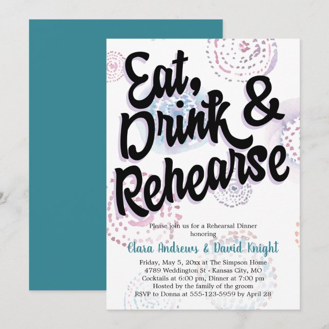 Eat, Drink & Rehearse Watercolor Rehearsal Dinner Invitation (Front/Back)