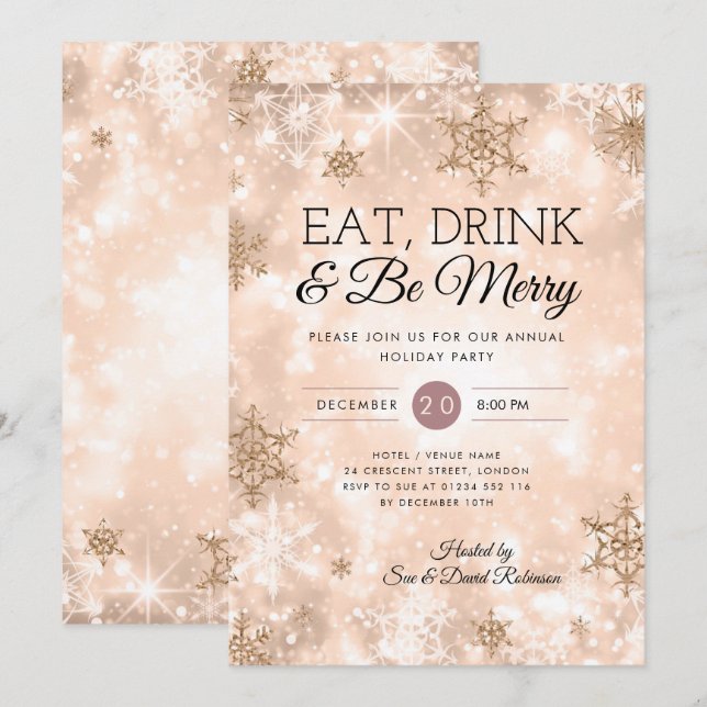 "Eat & Drink" Rose Gold Holiday Christmas Party Invitation (Front/Back)