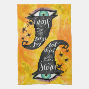 Eat Drink Scary Witches Hat Watercolor Orange dish Tea Towel
